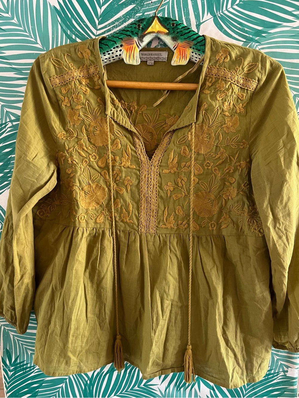 Cost Plus World Market Olive Green Embroidered Peasant Tunic S/M 100% cotton